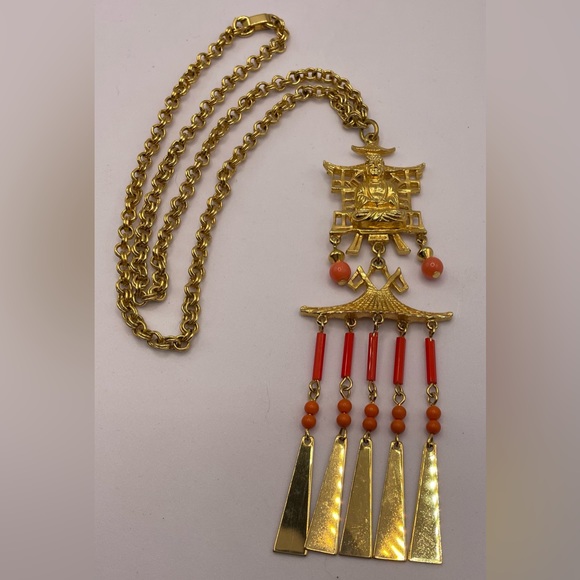 Rare Gorgeous Vintage 1960s Buddha Faux Coral Gold Tone Necklace ART Signed - Picture 7 of 15